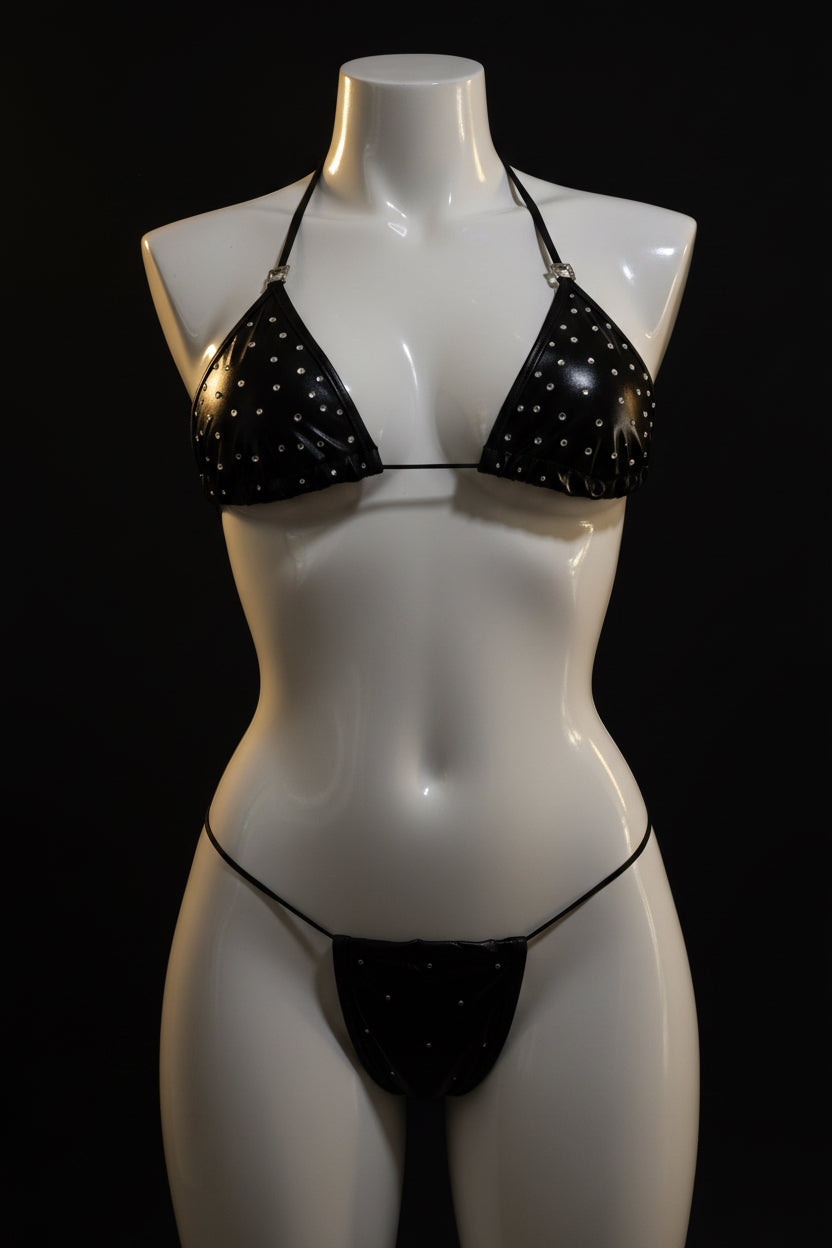 Glossy Black Microkini Set with Diamond Accents - Jersei Love Exotic Wear