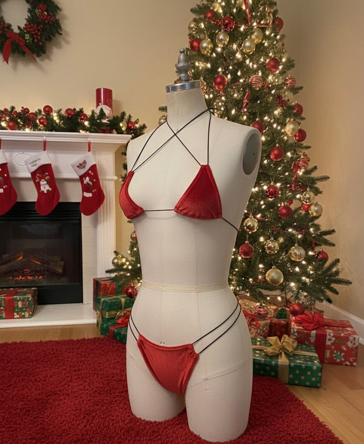 Red microkini minimal coverage Naughty Velvet Elf collection
